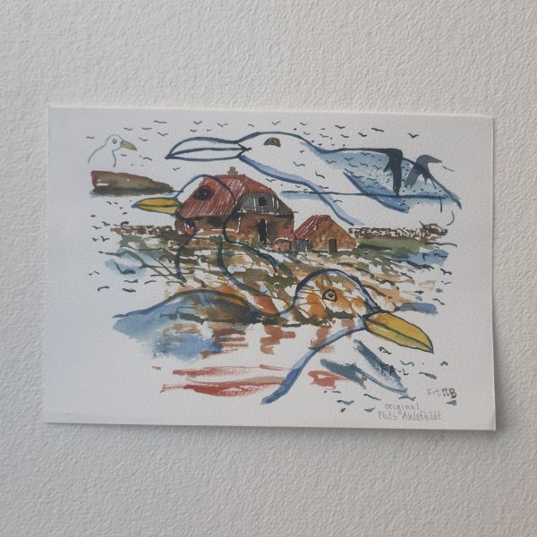 Original Ert118 Gulls and house Frederiksø watercolor A5 Online – Bild 2